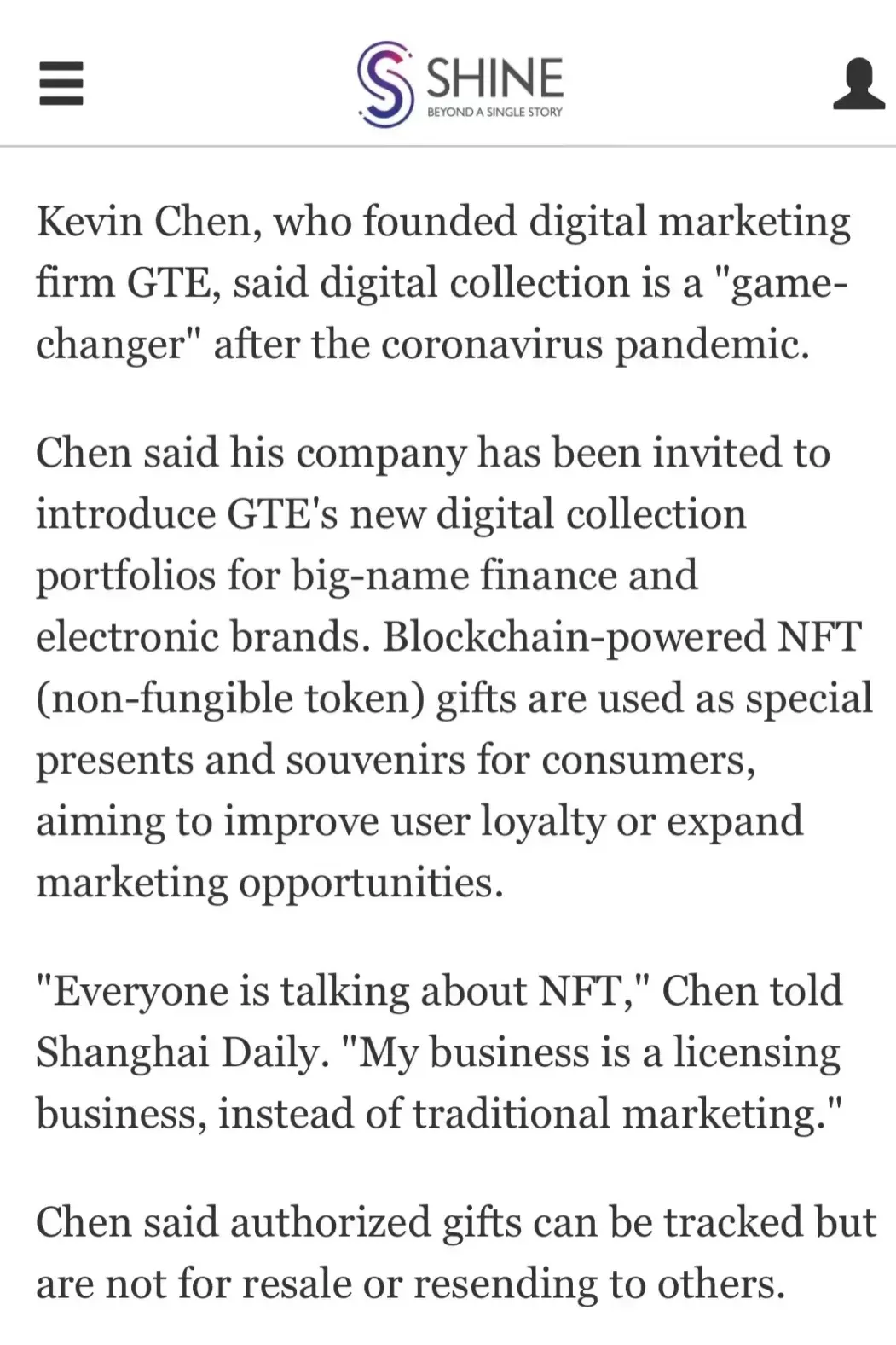 Shanghai Daily article excerpt quoting Kevin Chen on digital collectibles